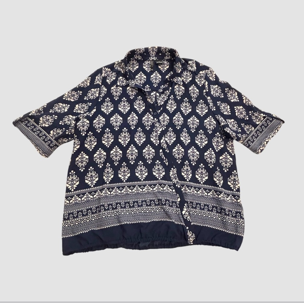 New Directions Women XL Top 1/2 Sleeve Navy Blue White Pattern Wrap Style Blouse